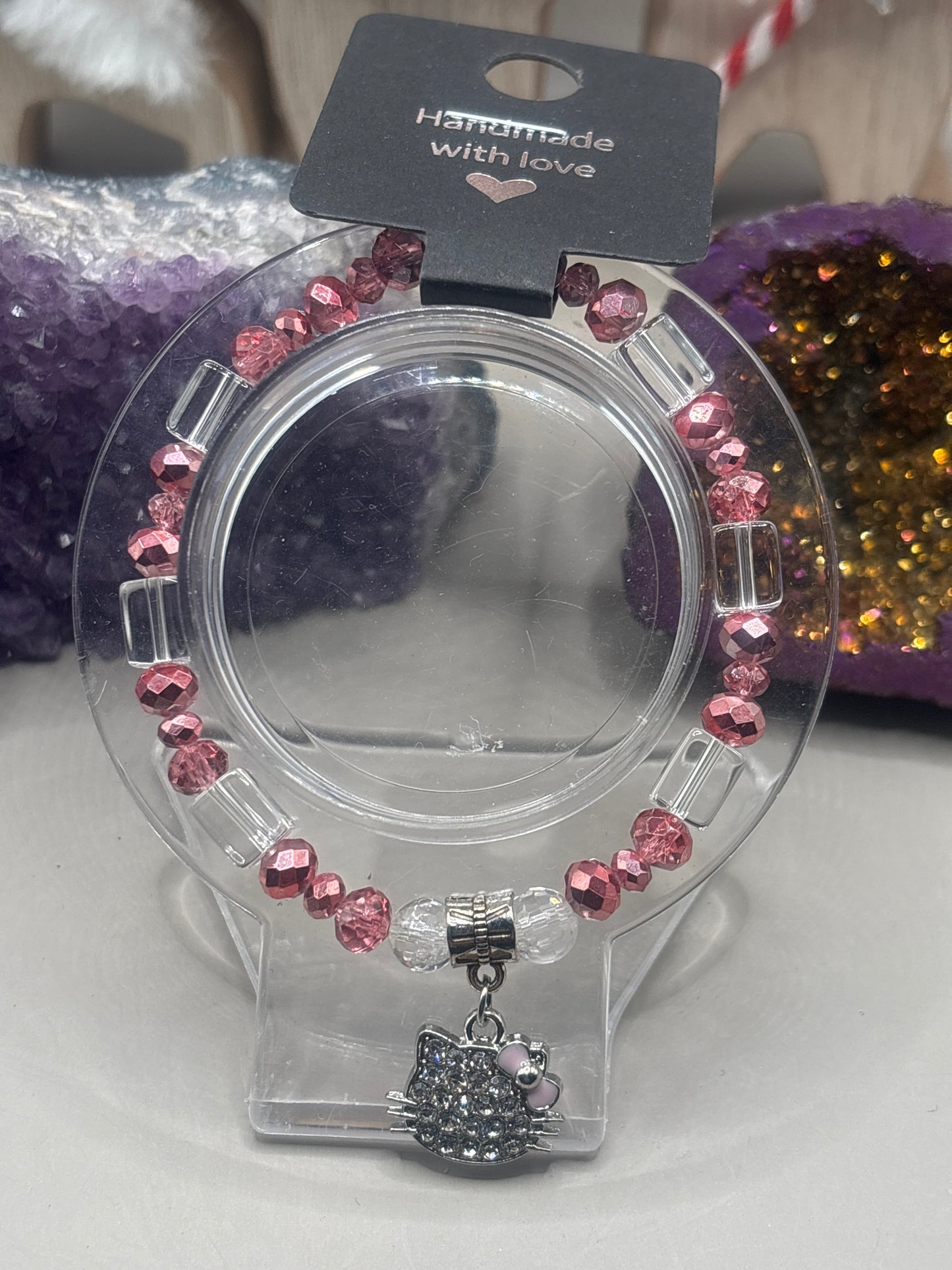 Bergkristall mit Katzenkopf Armband Handmade