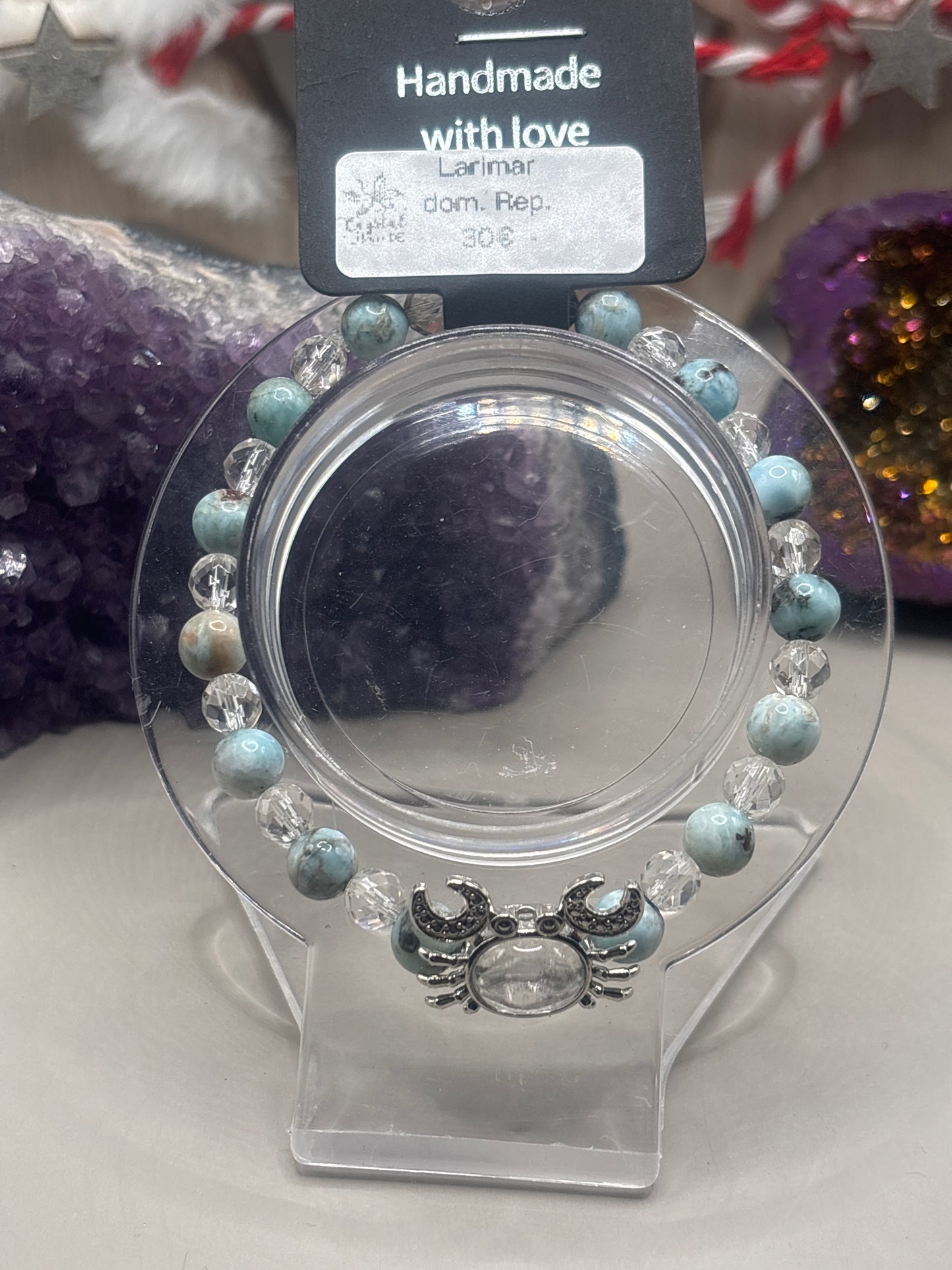 Larimar mit Bergkristall- Krabbe- Charm Armband Handmade