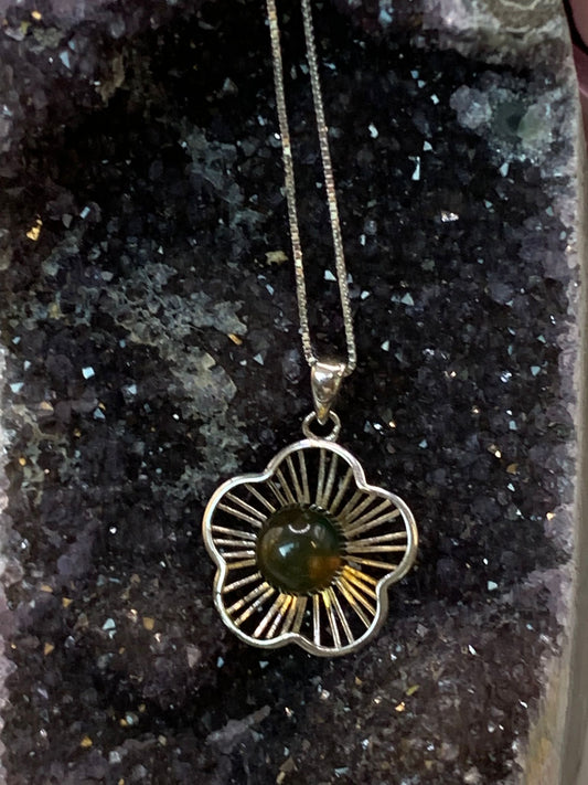 Blauer Bernstein Blume Kette und Ring als Set